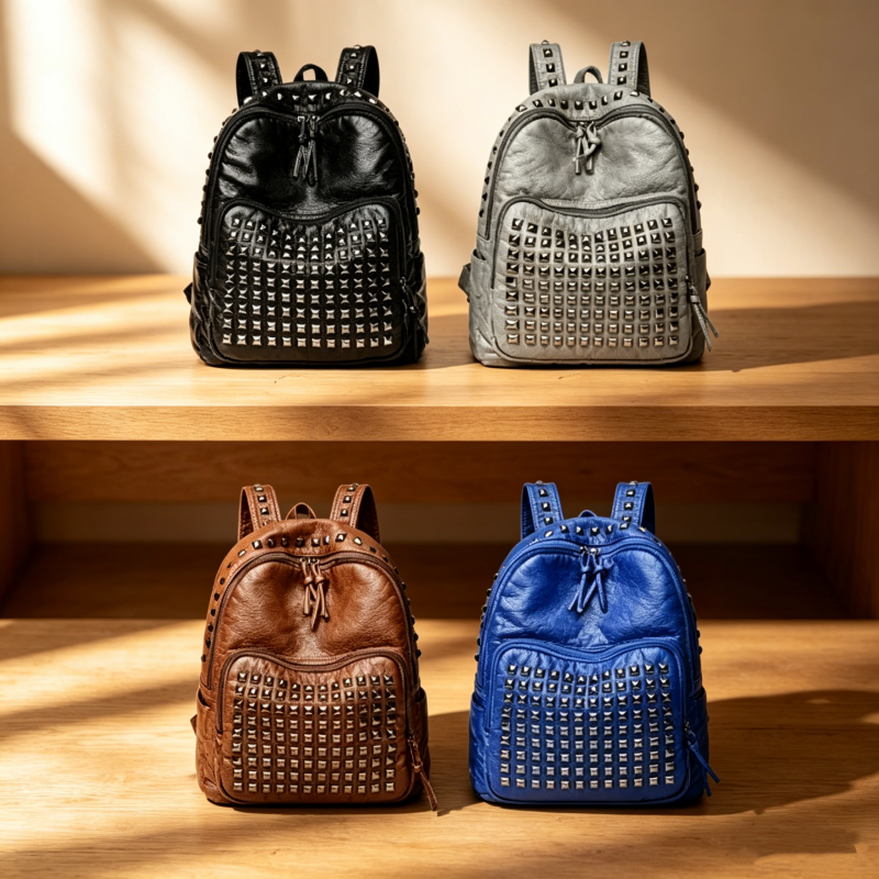 Luxury Design Cool Rivets Backpacks Large Capacity Soft Leather Zipper Backpack Shoulder Bag Wear Resistant Punk Style Rucksack