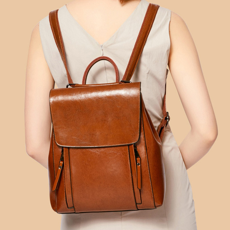 Genuine Leather Women Backpack Rucksack Shoulder Crossbody Bag Female Fashion Lady Oil Wax Cowhide Daypack Knapsack