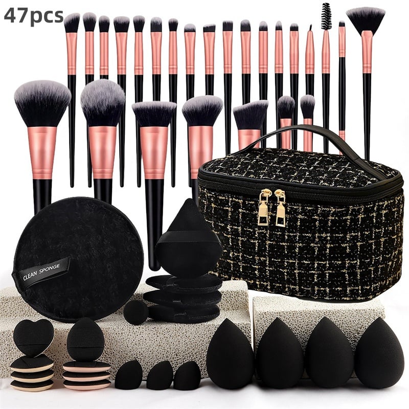 47pcs Professional Makeup Brush Set with Cosmetic Bag Travel-Friendly Beauty Blender & Powder Puffs Complete Cosmetic Tools Kit