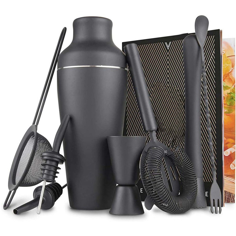 8pcs Matte Black 600ml Stainless Steel Cocktail Shaker Mixer Wine Martini Boston Shaker Jigger Bartender Drink Party Bar Tool