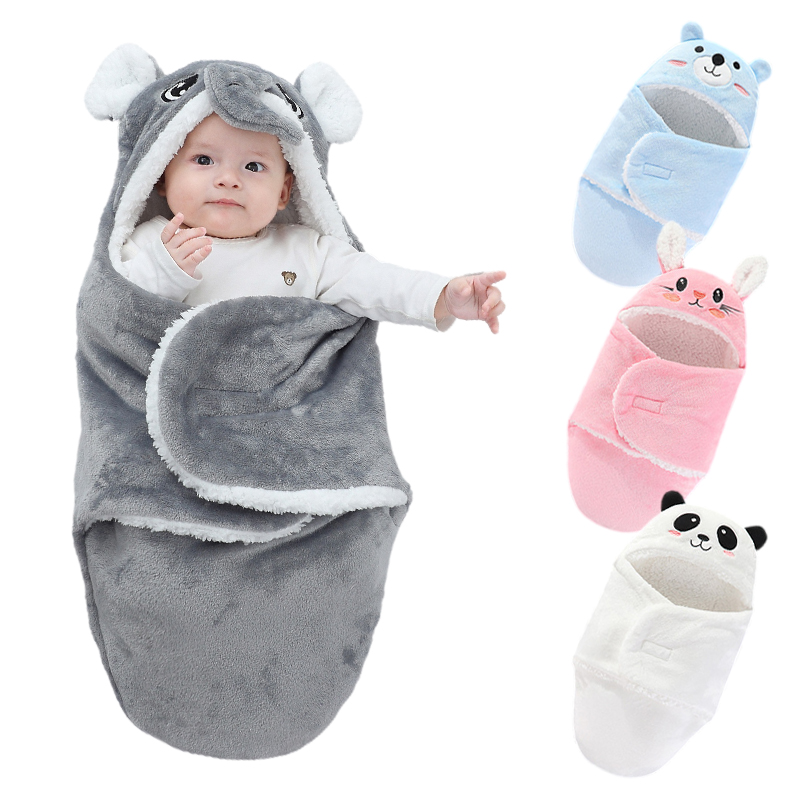 Winter Newborn Blanket Flannel Plush Lining Baby Swaddle Wrap Thicken Warm Sleeping Bag Quilt Cartoon Hooded Stroller Blankets