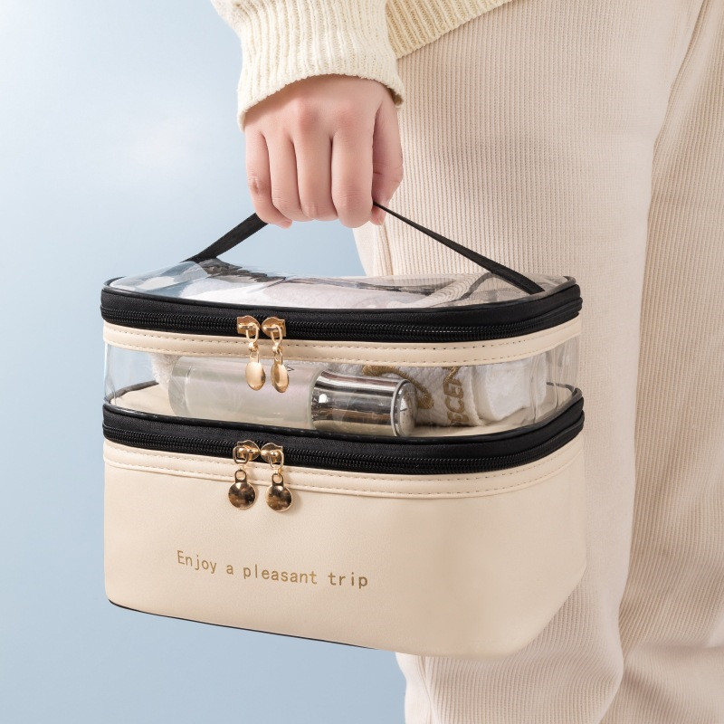 Makeup Bag Double layer Travel Cosmetic Case Make up Organizer Leather Toiletry Bag Waterproof PVC Women Transparent Handbag