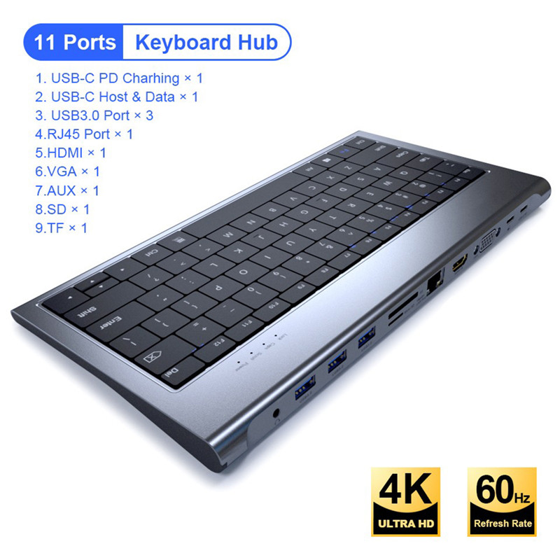 USB C Docking Station with Keyboard with 4K HDMI RJ45 100W PD VGA Card Reader Compatible MacBook Pro iPad 11 in 1 Keyboard HUB
