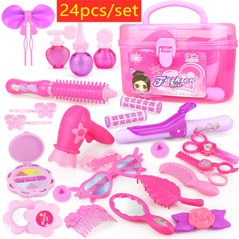 24pcs Pretend Play Kids Makeup Toy Beauty Handle Box Children Cosmetic Set Hairdressing Simulation Set Dressing Up Toys For Girl
