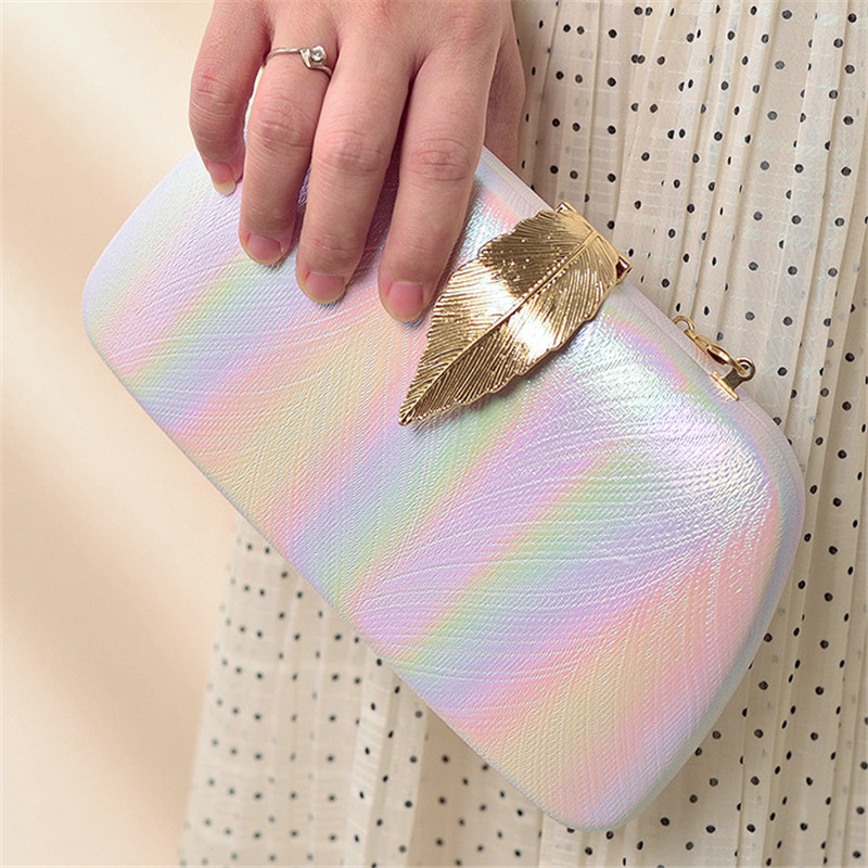 Women's Luxury Designer Handbag Wedding Clutch Bag PU Ladies Evening Bag Metal Leaf Lock Party Purse Women Shoulder Bag