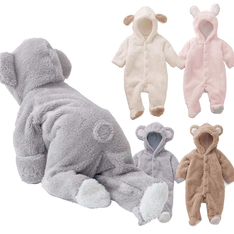 Cute Plush Baby Rompers Toddler Girl Overall Jumpsuit Spring Autumn Hooded Baby Boys Romper Infant Crawling Clothing