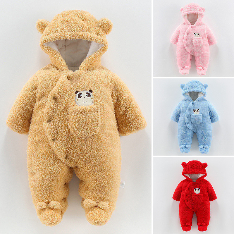 Cartoon Cute Plush Panda Baby Romper Infant Overall Jumpsuit Spring Autumn Hooded Baby Rompers 0-12 Months Newborn Clothes